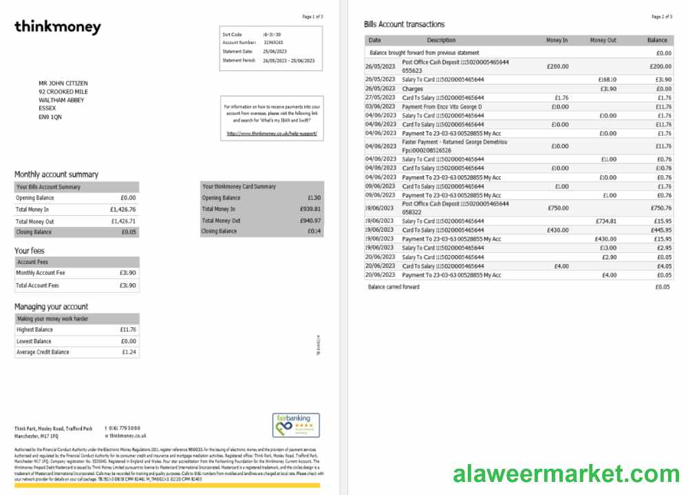 United Kingdom Think Money bank statement Word and PDF template, 3 pages 1-2 SCR